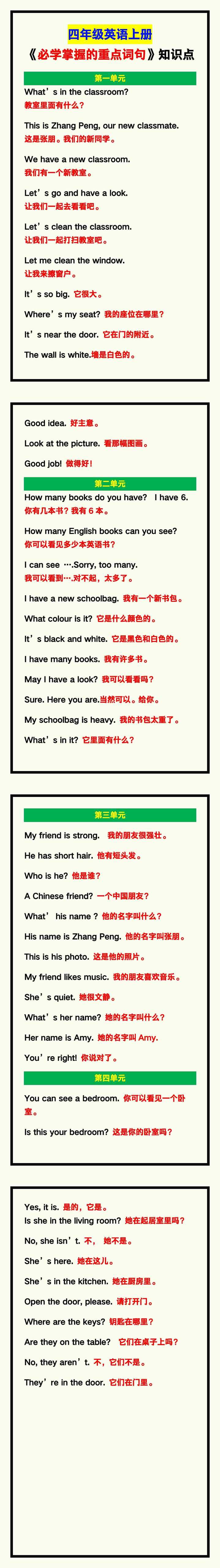 四年级英语上册《必学掌握的重点词句》，期中复习看一看！