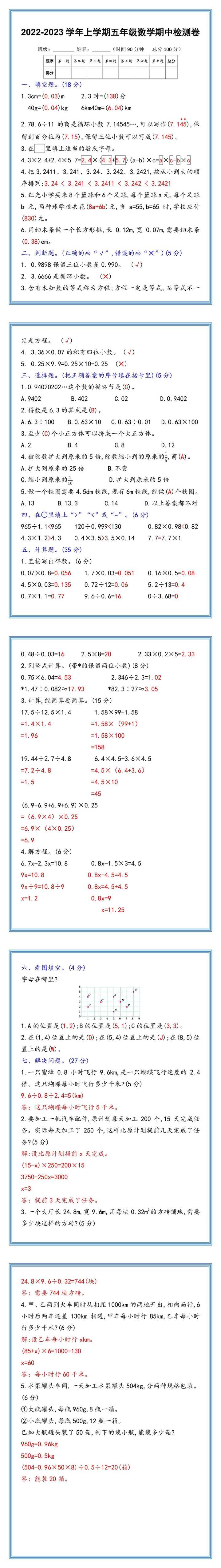 2022-2023学年上学期五年级数学期中检测卷！