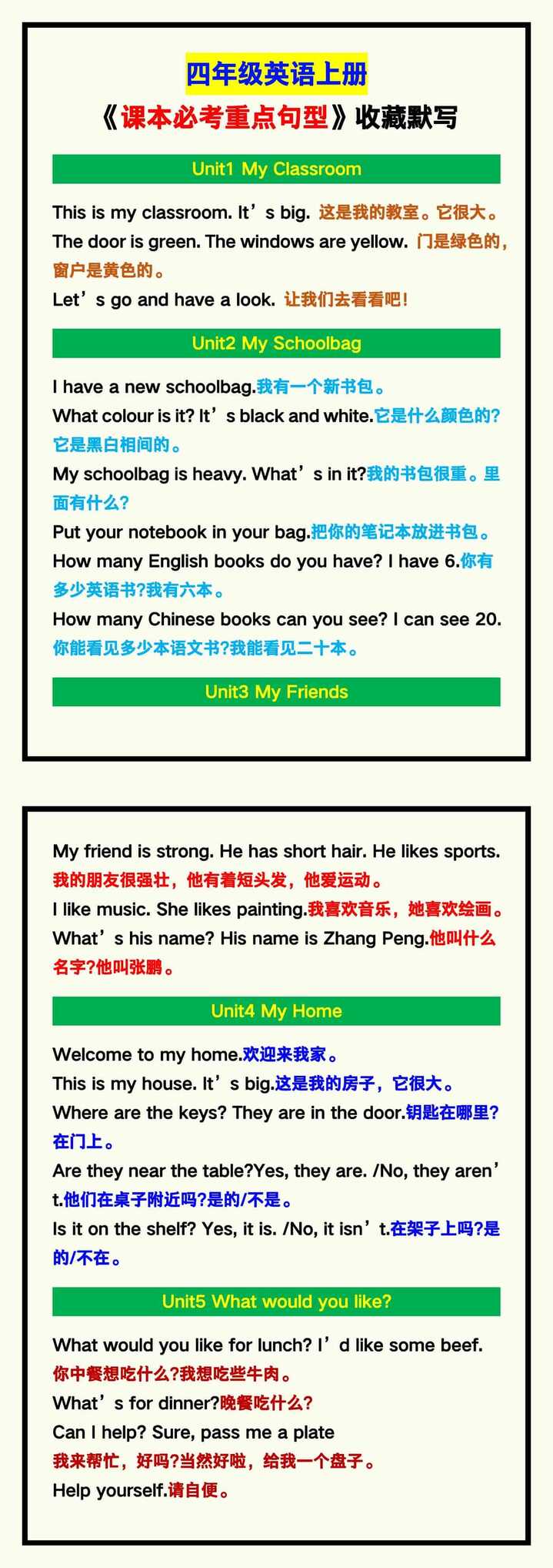 四年级英语上册《课本必考重点句型》汇总，收藏默写！