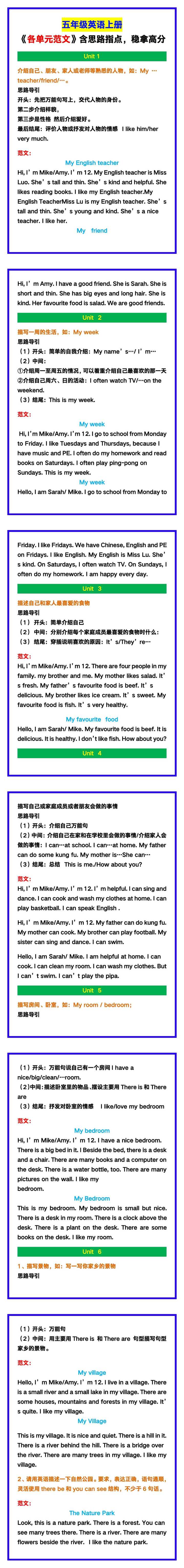 五年级英语上册《各单元范文》含思路指点，稳拿高分作文！