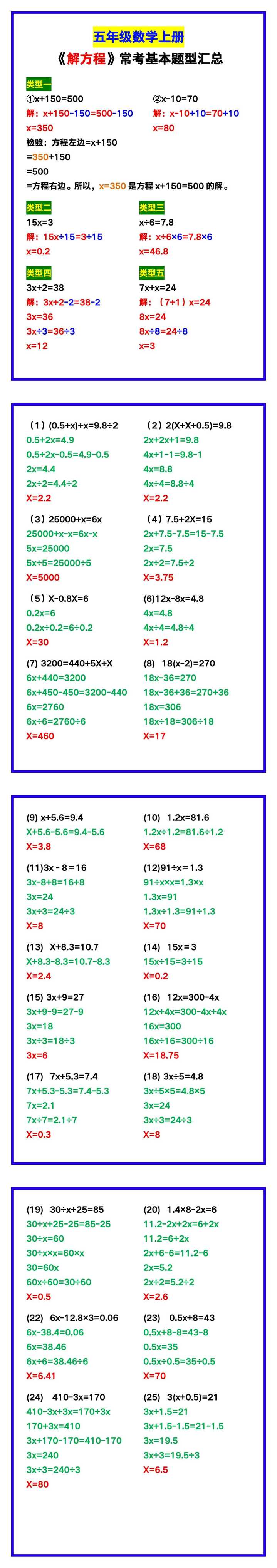 五年级数学上册《解方程》常考基本题型汇总，学习必备！