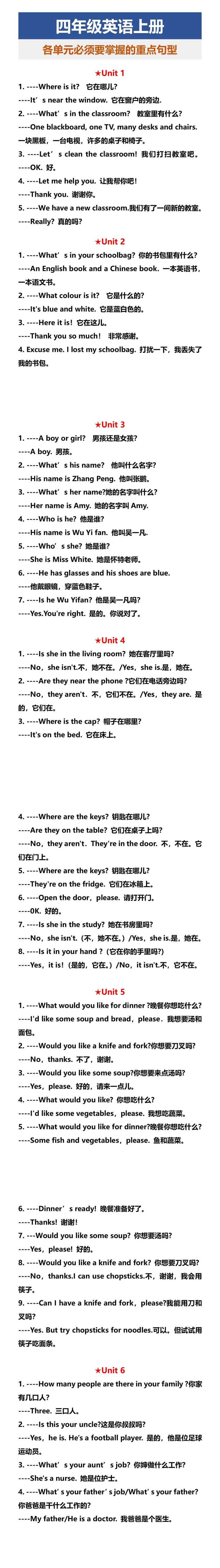 四年级英语上册 各单元必须要掌握的重点句型