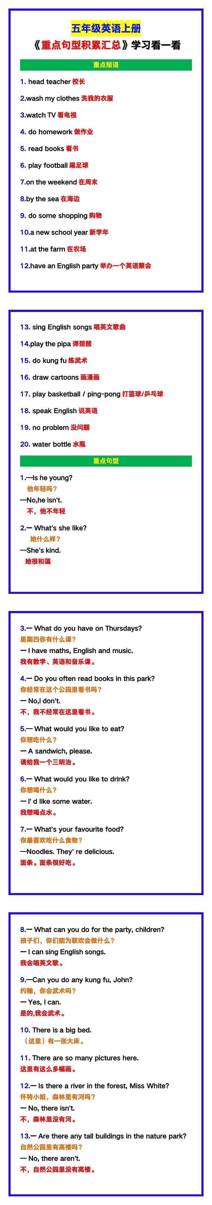五年级英语上册《重点句型积累汇总》，学习看一看！