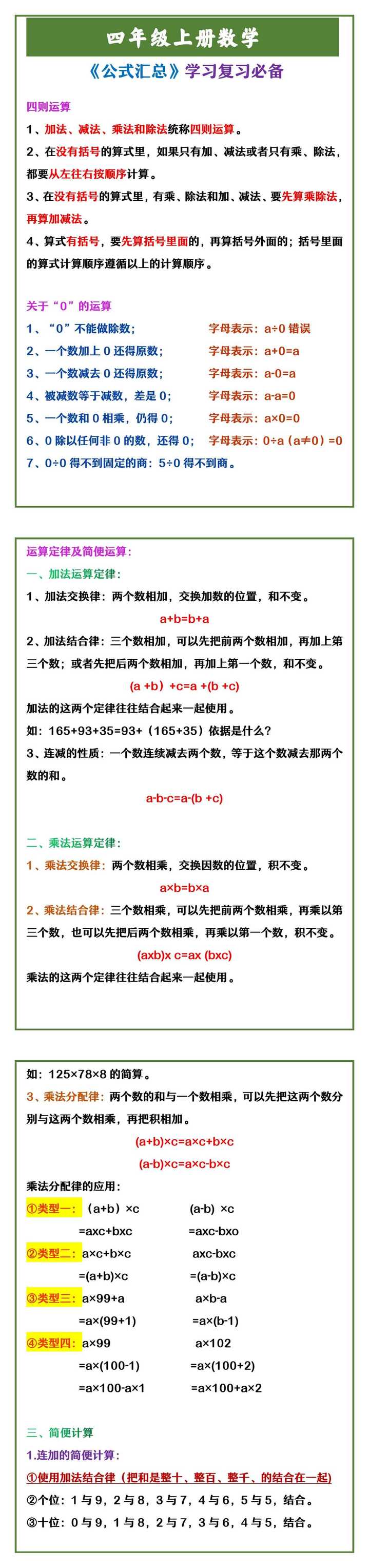 四年级上册数学 《公式汇总》学习复习必备