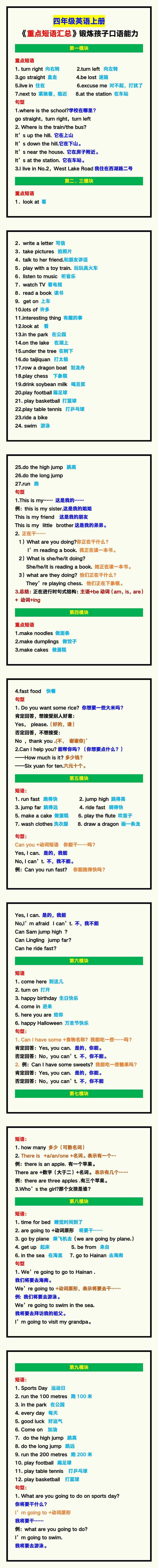 四年级英语上册《重点短语汇总》，锻炼孩子口语能力！