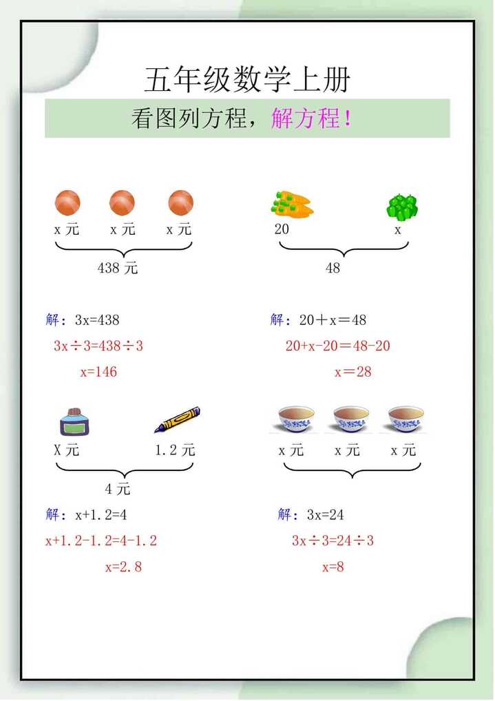 五年级数学上册看图列方程，解方程！