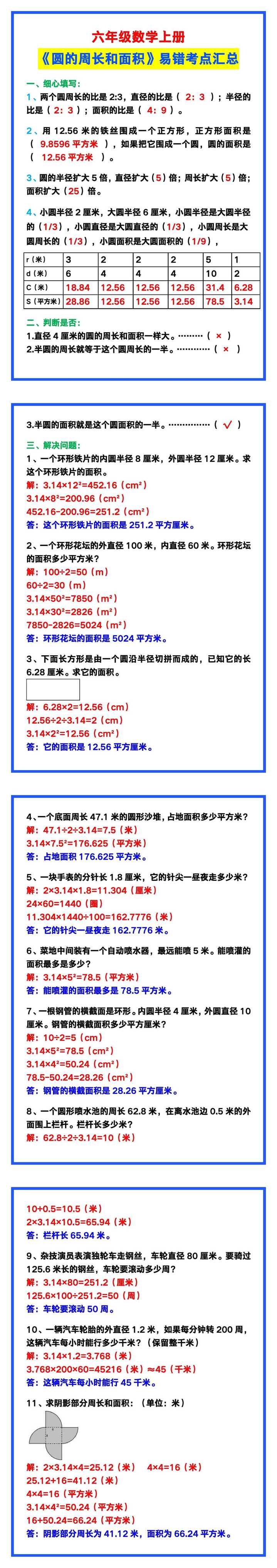 六年级数学上册《圆的周长和面积》易错考点汇总！