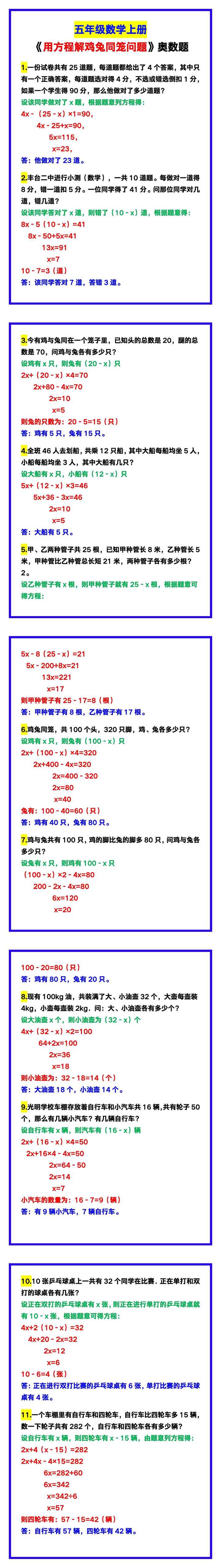 五年级数学上册《用方程解鸡兔同笼问题》奥数题型汇总！