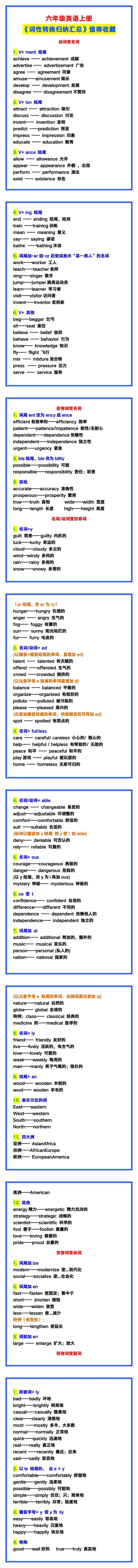 六年级英语上册《词性转换归纳汇总》，值得收藏！