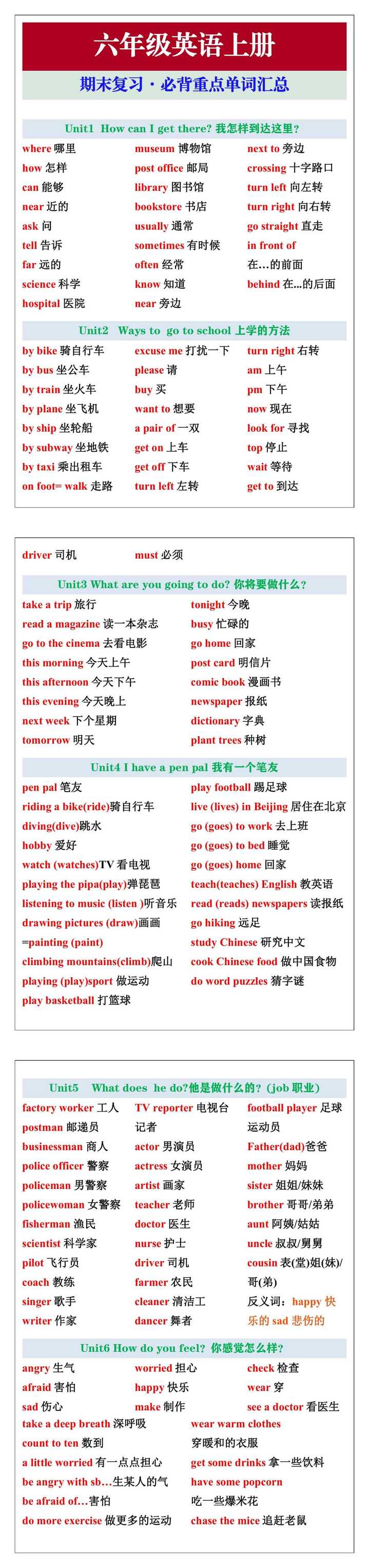 六年级英语上册期末复习必背重点单词汇总