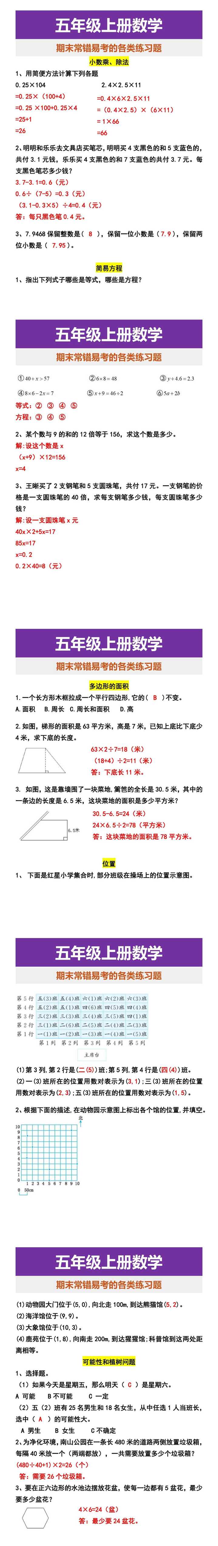 五年级上册数学 期末常错易考的各类练习题