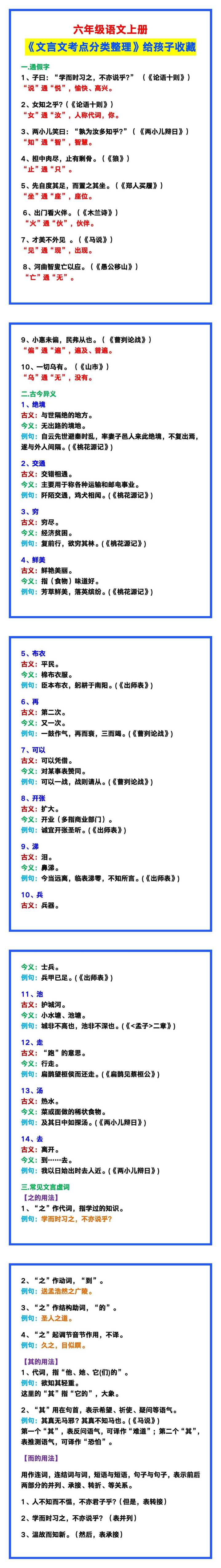 六年级语文上册《文言文考点分类整理》给孩子收藏！
