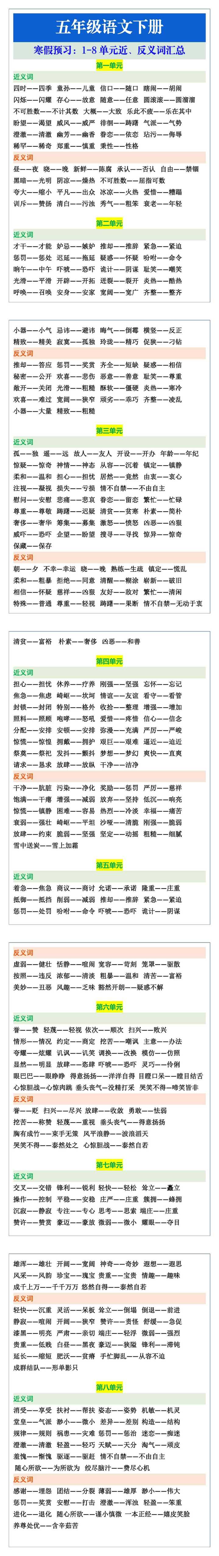 五年级语文下册1-8单元近、反义词汇总