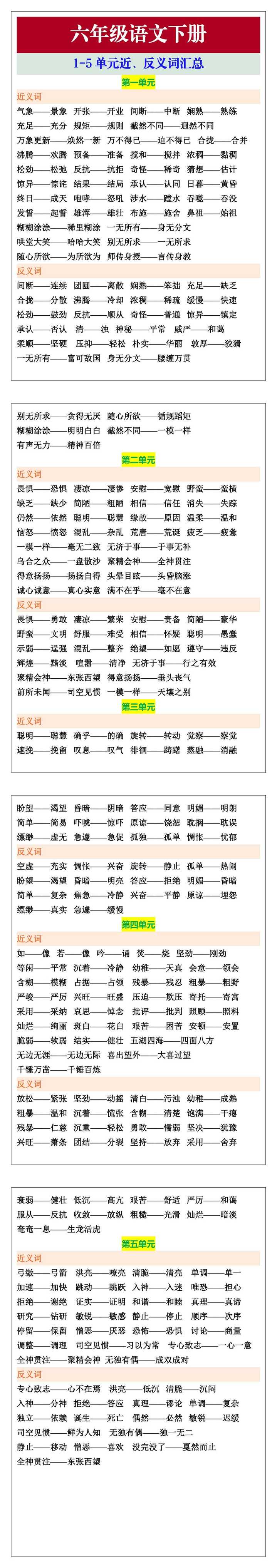六年级语文下册1-5单元近、反义词汇总，寒假预习