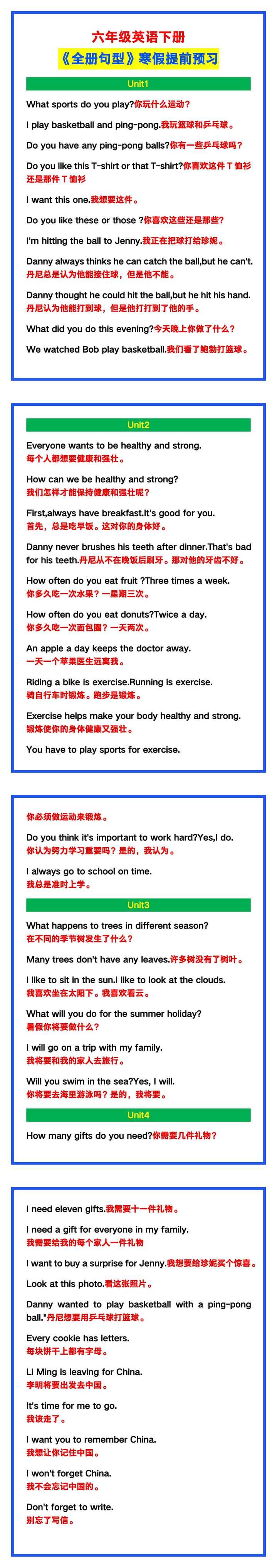六年级英语下册《全册句型》寒假提前预习！