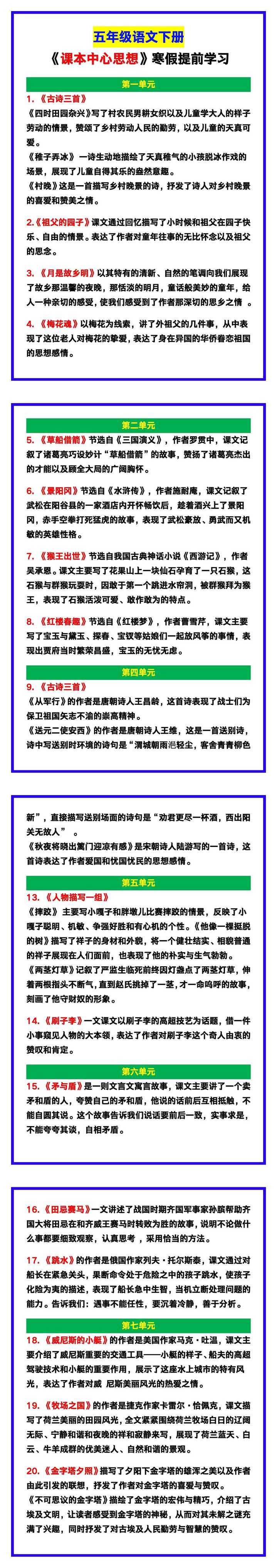 五年级语文下册《中心思想》，寒假提前学习！