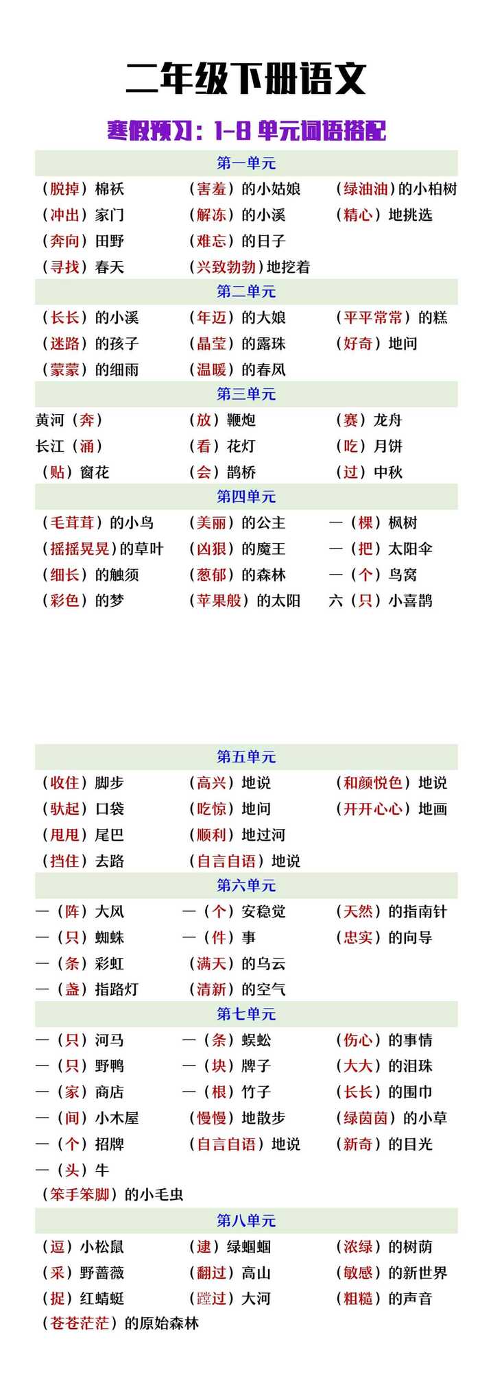 二年级下册语文1-8单元词语搭配