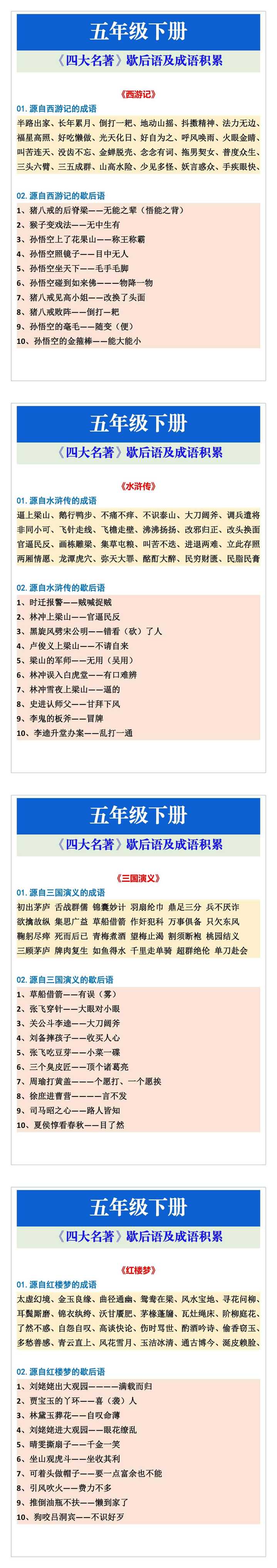 五年级语文下册《四大名著》歇后语及成语积累