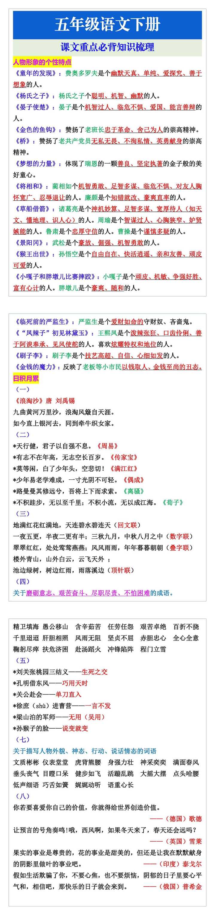 五年级语文下册课文重点必背重点汇总