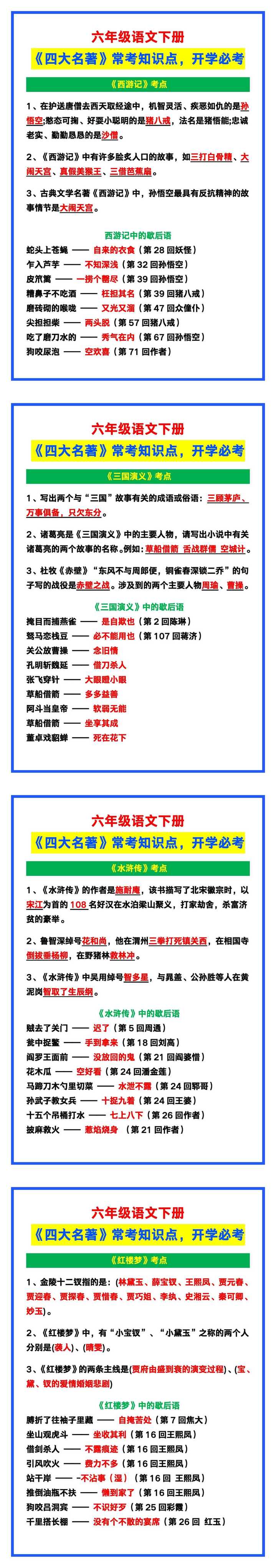 六年级语文下册《四大名著》常考知识点，开学考试必考！