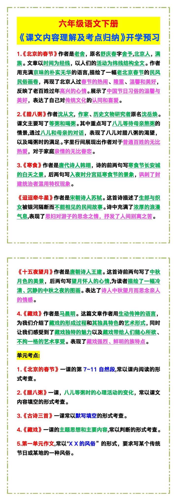 六年级语文下册《课文内容理解及考点归纳》，开学预习！