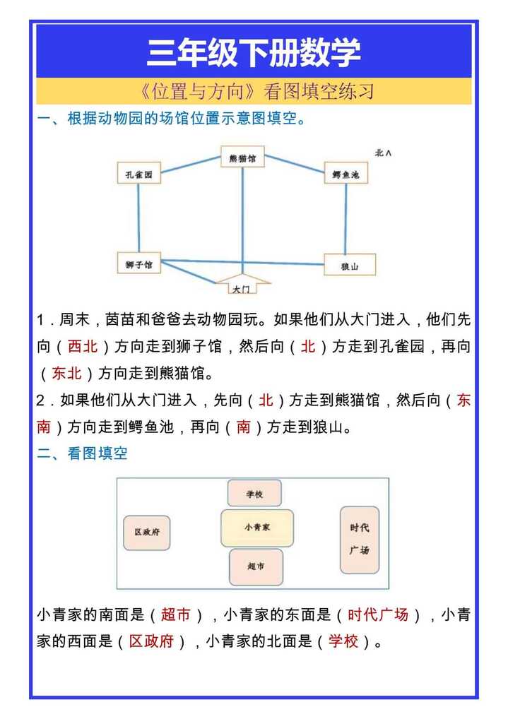 三年级下册数学《位置与方向》看图填空练习