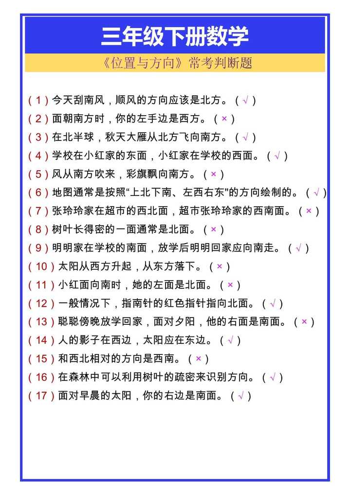 三年级下册数学《位置与方向》常考判断题