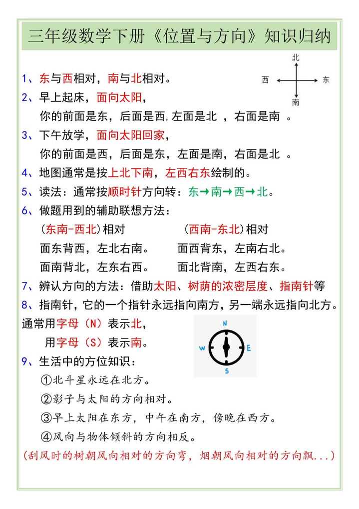 三年级数学下册《位置与方向》知识归纳