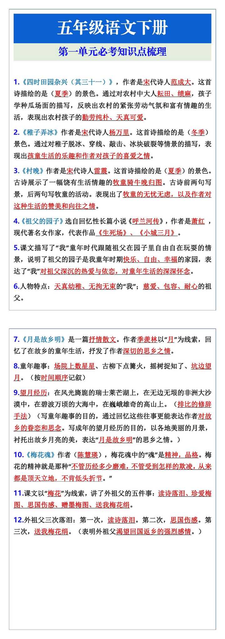 五年级语文下册第一单元必考知识点梳理