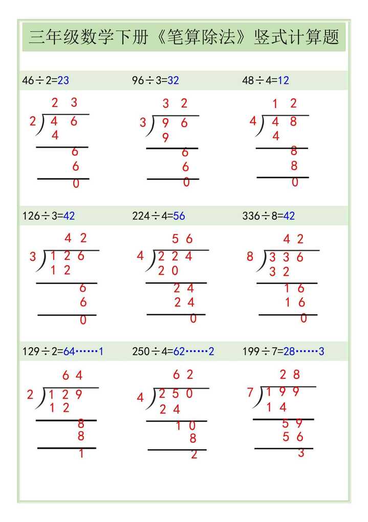 三年级数学下册《笔算除法》竖式计算题