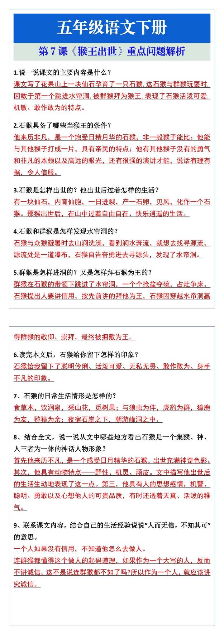 五年级语文下册《猴王出世》重点问题解析