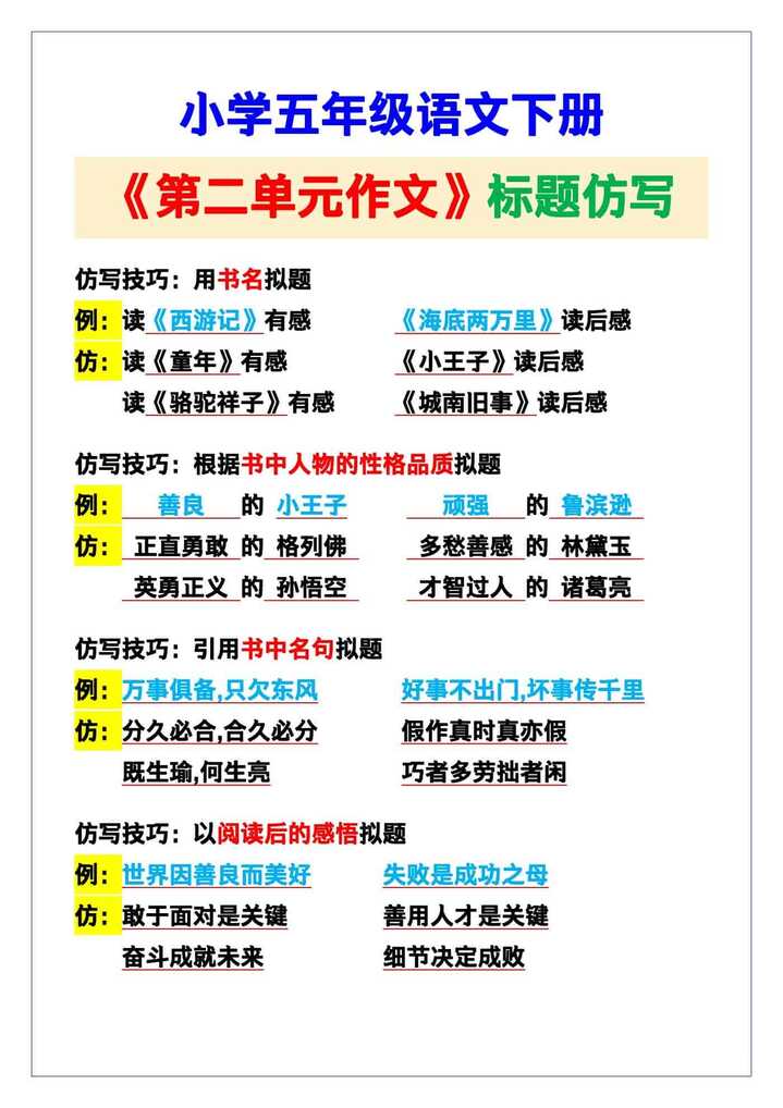 小学五年级语文下册《第二单元作文标题仿写》，收藏可参考！