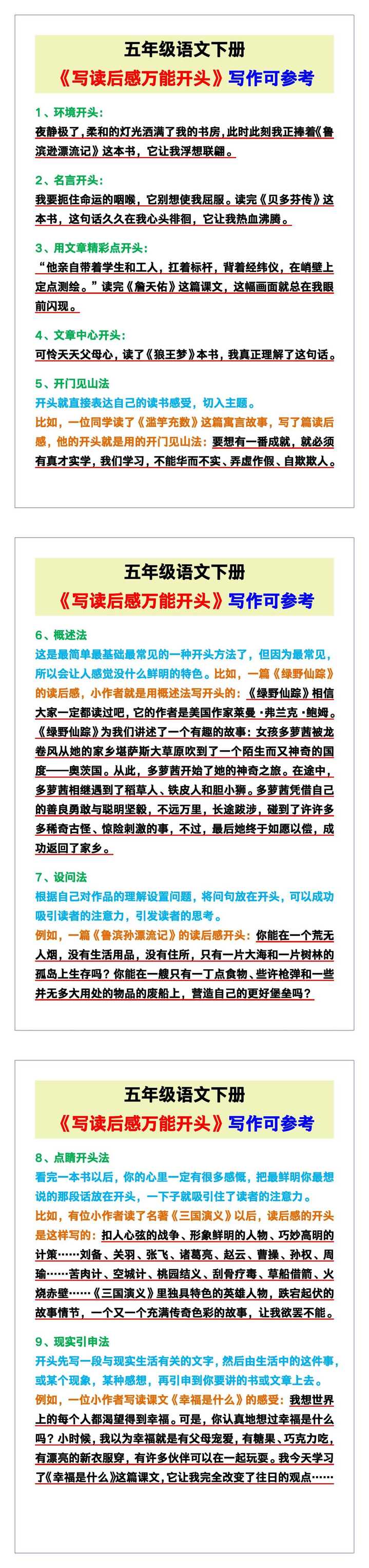 五年级语文下册《写读后感》万能开头！