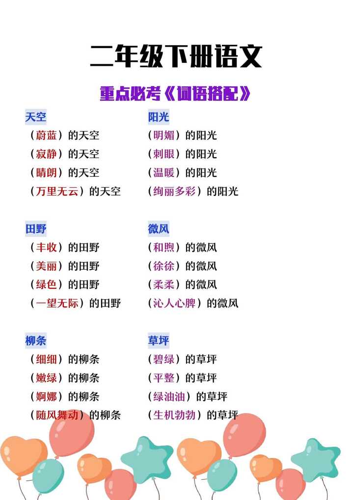二年级下册语文重点必考词语搭配