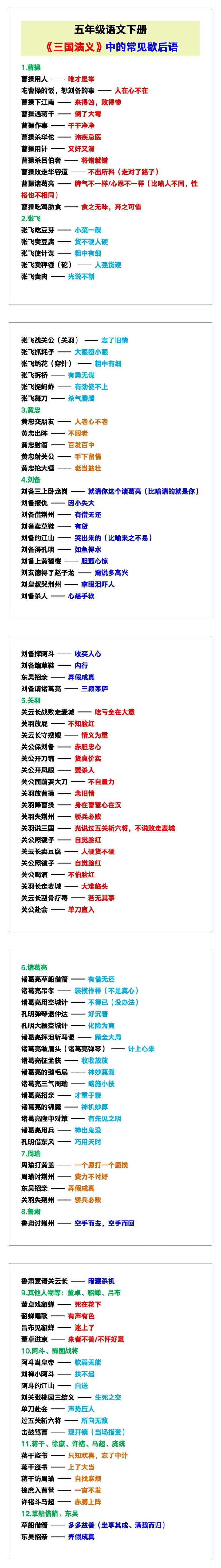 五年级语文下册《三国演义》中的常见歇后语！