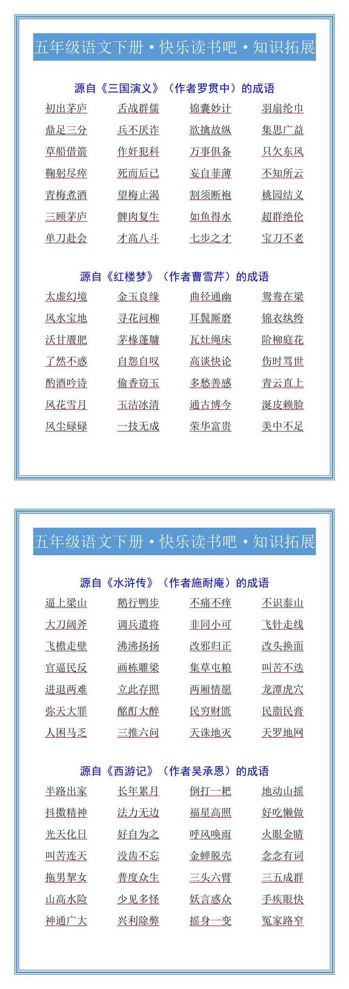 五年级语文下册·快乐读书吧·知识拓展