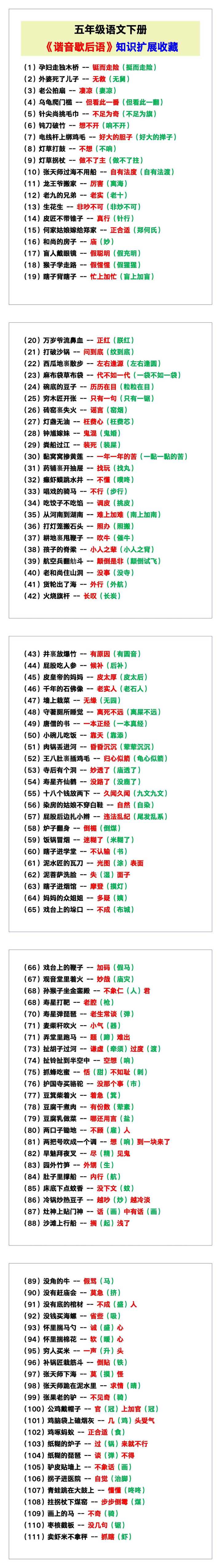 五年级语文下册《谐音歇后语》知识扩展！