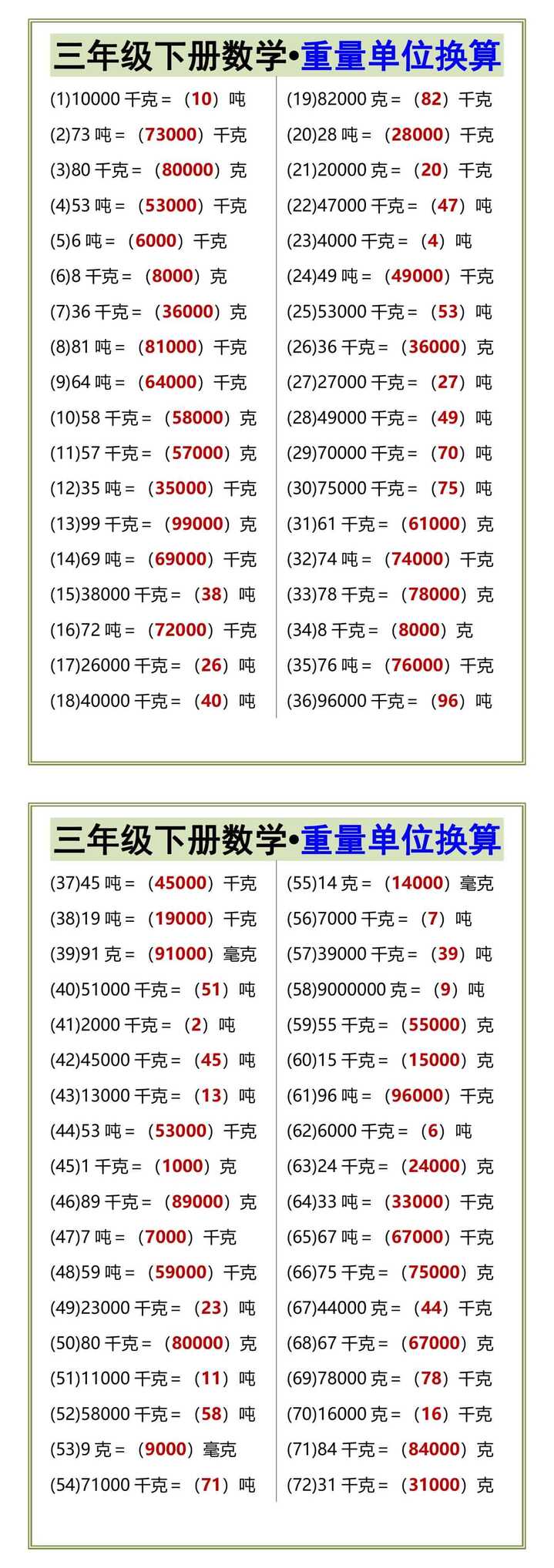 三年级下册数学•重量单位换算