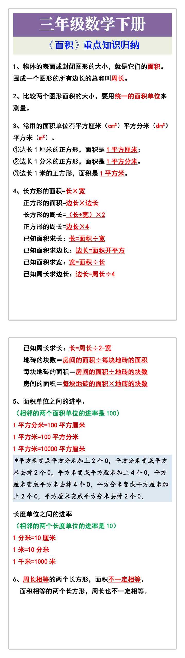 三年级数学下册 《面积》重点知识归纳