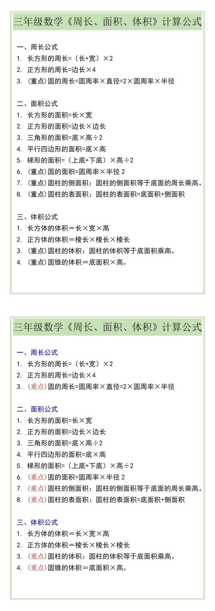 三年级数学《周长、面积、体积》计算公式