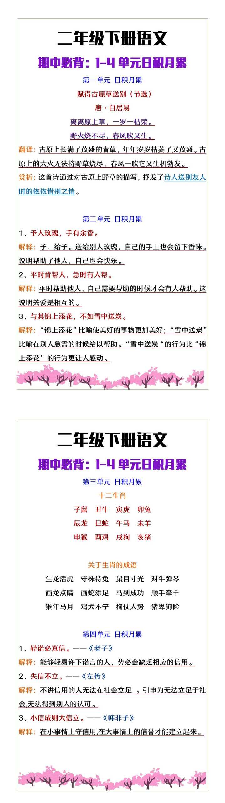 二年级下册语文1-4单元必背日积月累