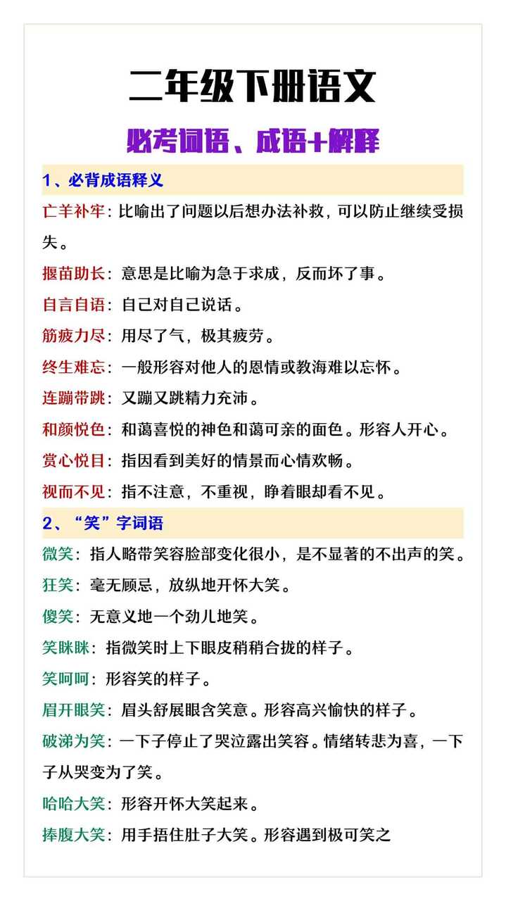 二年级下册语文必考词语、成语解释