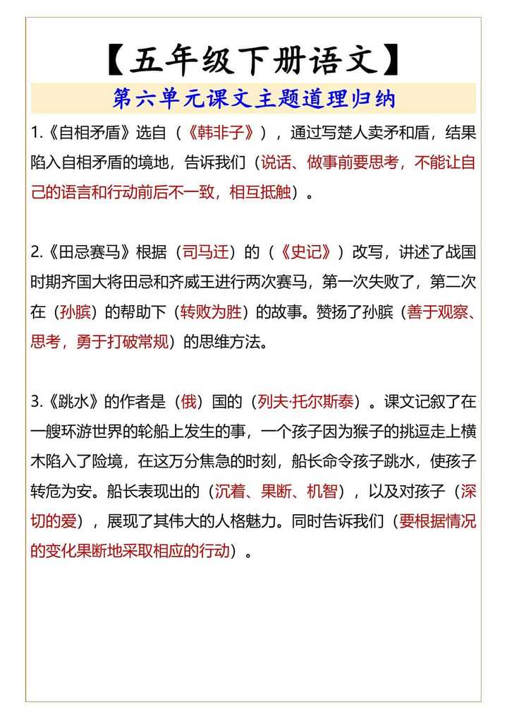 【五年级下册语文】 第六单元课文主题道理归纳