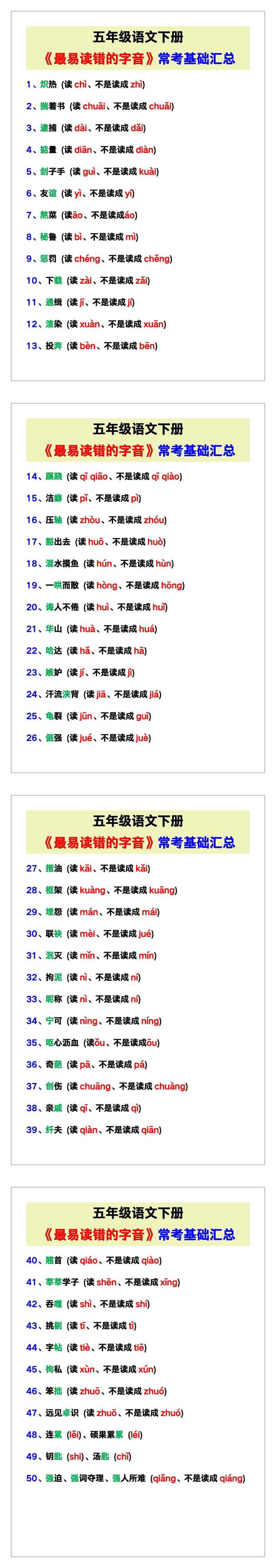 五年级语文下册《最易读错的字音》，常考基础汇总！