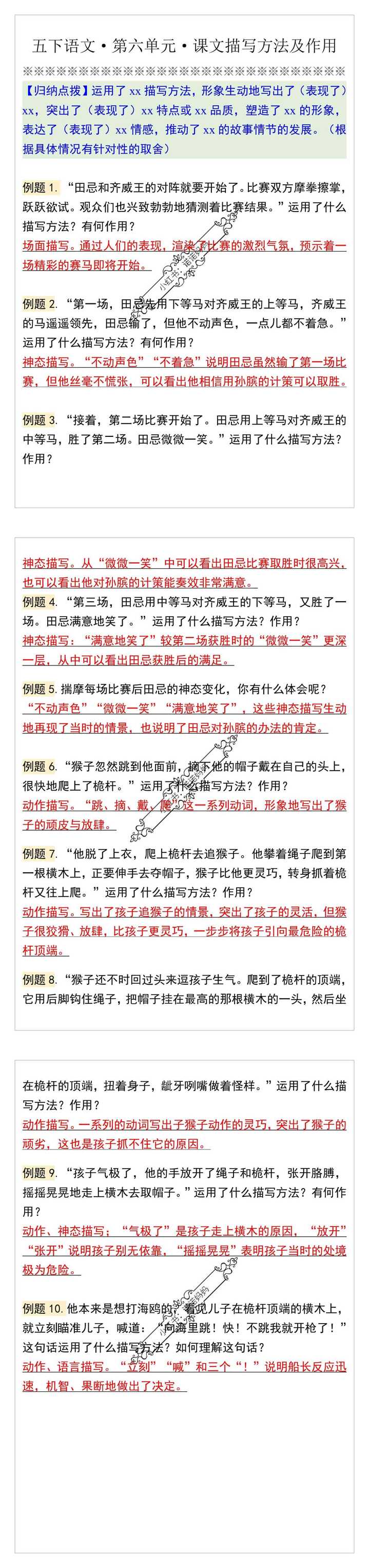 五下语文·第六单元·课文描写方法及作用