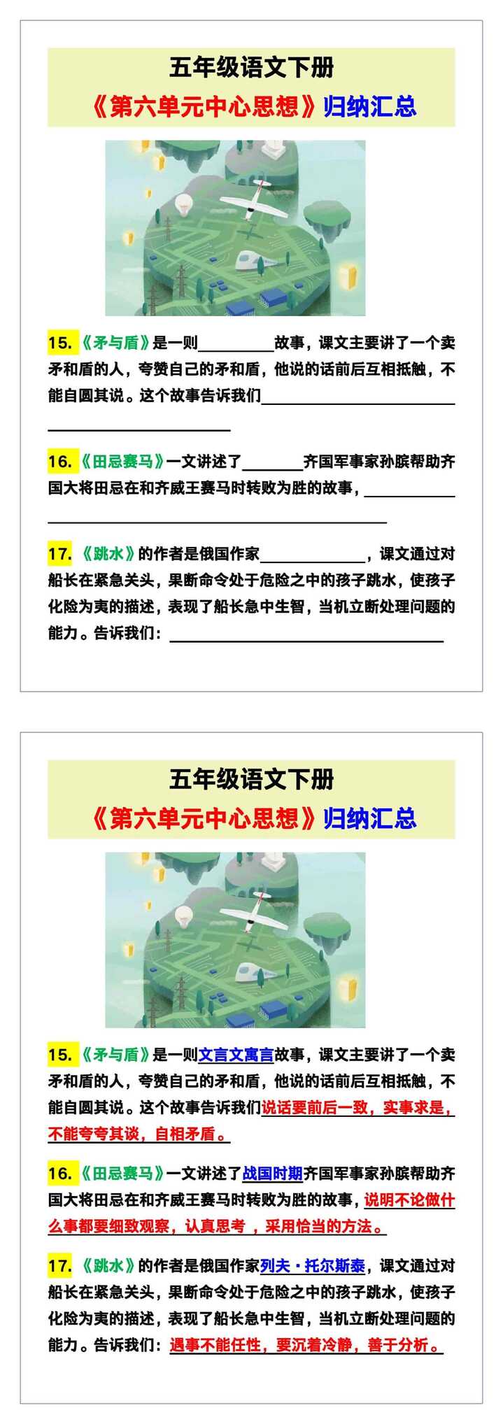 五年级语文下册《第六单元中心思想》归纳汇总！