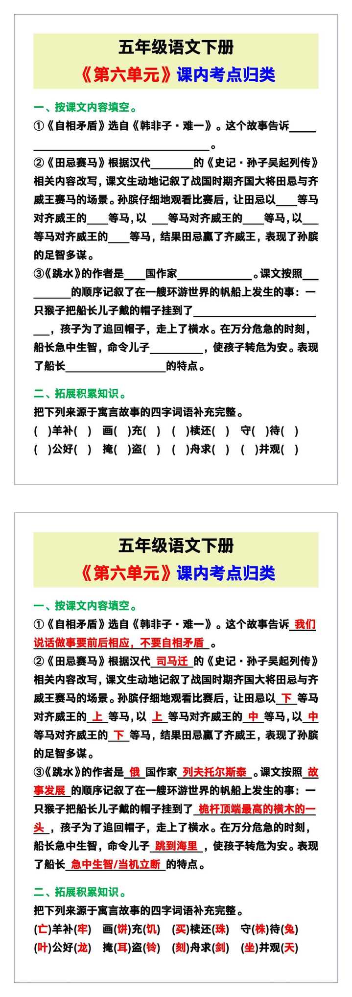 五年级语文下册《第六单元课内考点归类》！