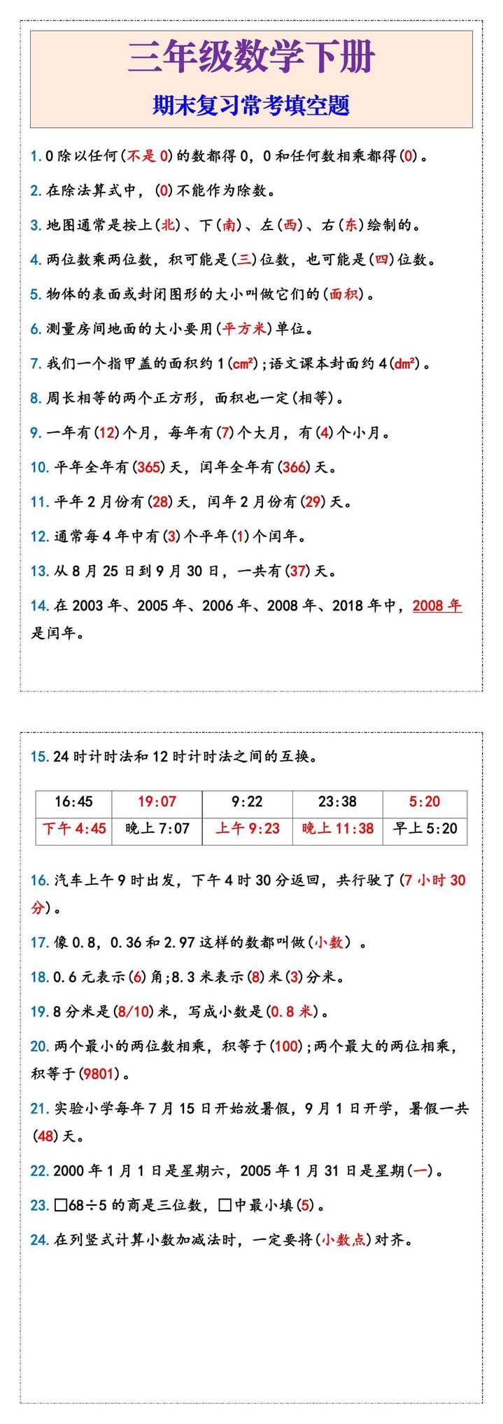 三年级数学下册期末复习常考填空题