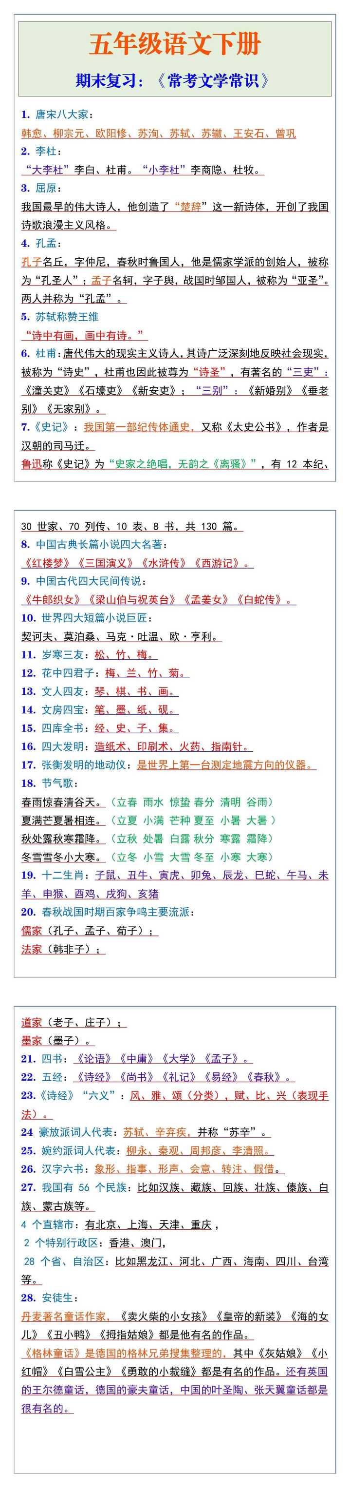 五年级语文下册期末复习：《常考文学常识》