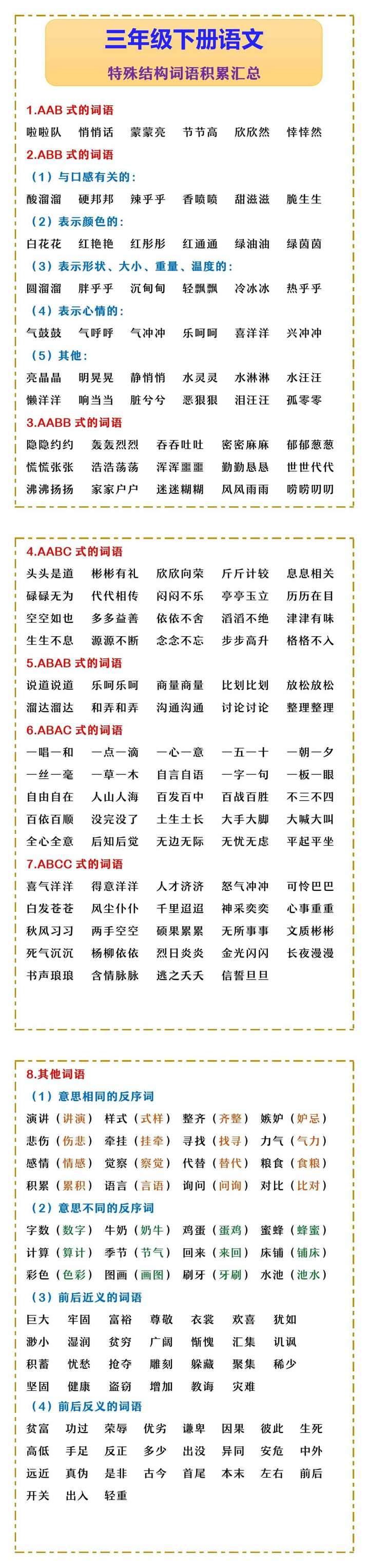 三年级下册语文 特殊结构词语积累汇总